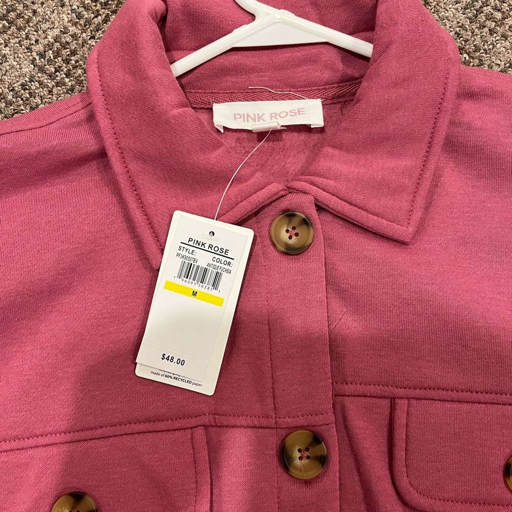 Pink Rose button down sweatshirt Sz M. Color is antique fuchsia. New with tags